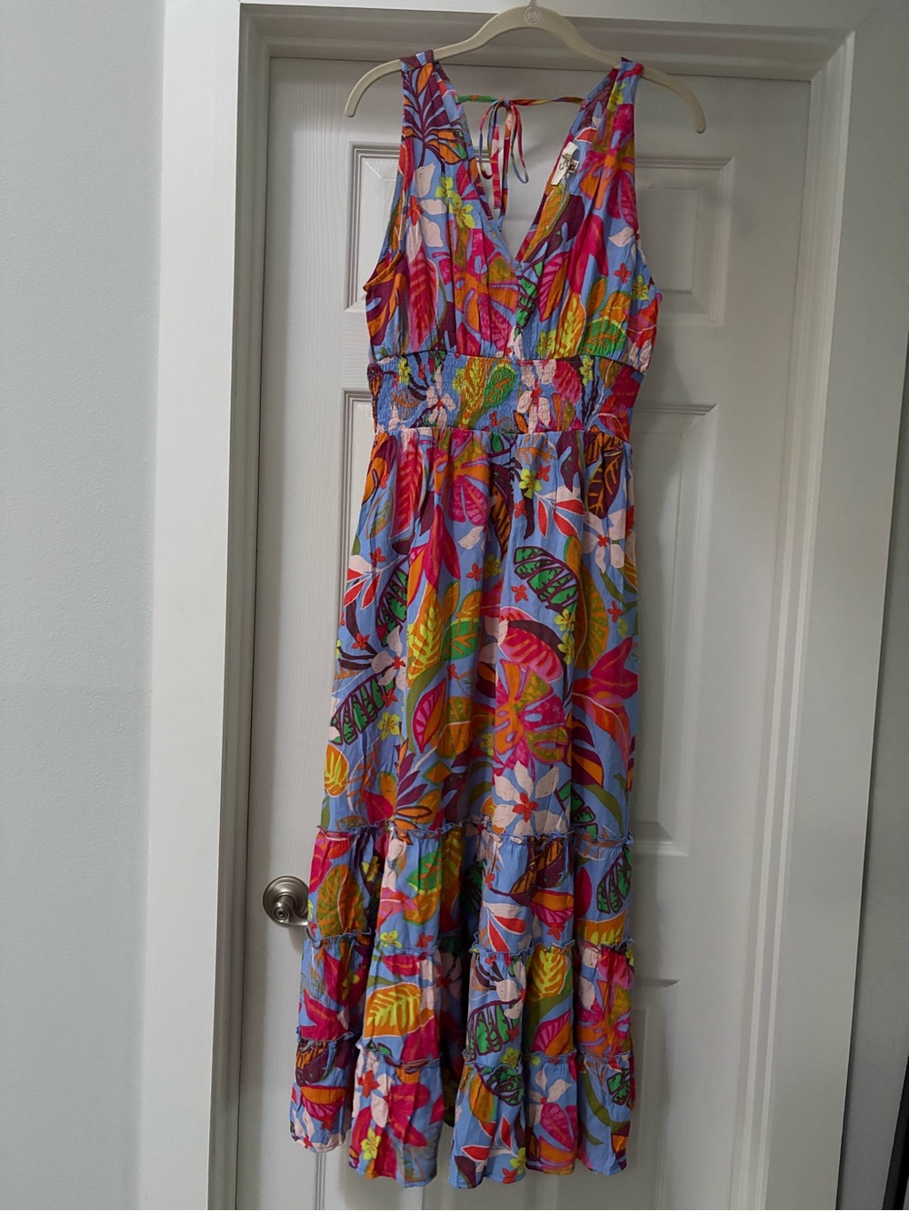 easel Multicolor Tropical Maxi Dress — Blue Base with Pink & Yellow Accents